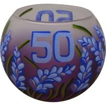 Svečnik steklen, okrogel, sivka, 50 let, lila bel, 8 cm