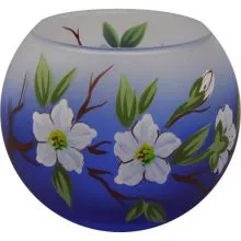 Svečnik steklen, okrogel, veja jablane, modro bel, 8 cm