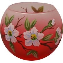 Svečnik steklen, okrogel, veja jablane, rdeče bel, 8 cm