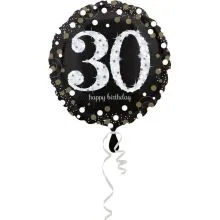 Balon napihljiv, za helij, Happy Birthday, "30", belo/zlate pikice, 45cm