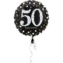 Balon napihljiv, za helij, Happy Birthday, "50", belo/zlate pikice, 45cm