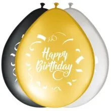 Baloni barvni (zlati, srebrni, črni) iz lateksa , Happy Birthday, 8kom, 30cm