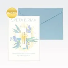 Voščilo, čestitka za birmo, Sveta birma, iskrene čestitke za nov korak…, križ, modra, folija, 12x17cm