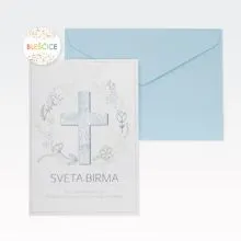 Voščilo, čestitka za birmo, Sveta birma, To je čas svetega duha…, križ, modra, bleščice, 12x17cm