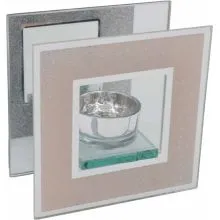Svečnik steklen za 1 čajno lučko, bež s srebrnimi bleščicami, 12x6,3x12cm