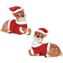Jelenček ležeč, v božičnem puloverju ter kapi, polimasa, 7x8cm, sort.