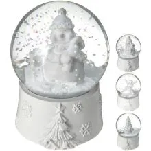 Snežna krogla iz polimase, z božično figuro, bela, 8.5cm, sort.