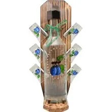 Steklenica za žganje na lesenem stojalu s 6 kozarci, motiv slive, 20x40x15cm