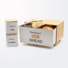 Set posod za shranjevanje živil s prijemalko (posoda za kruh: 36x26x23cm, 2x doza: 11.5x11.5cm), bambus/kovina