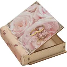 Skrinjica, za poroko, dva prstana na roza vrtnicah, les, oblika knjige, 10,5x12x2,8 cm