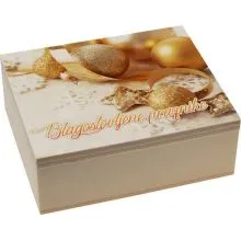 Škatlica lesena, blagoslovljene praznike - zlate kroglice , 12x10x4 cm