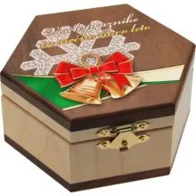 Škatlica lesena, šestkotna, Vesle praznike in srečno novo leto , 11x5.5 cm