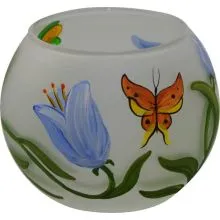 Svečnik steklen, okrogel, cvet in metulji, 8 cm