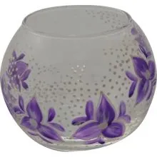 Svečnik steklen, okrogel, vijolični cvetovi, 8 cm