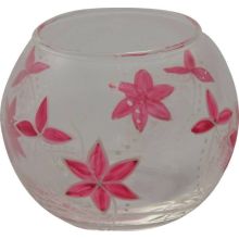 Svečnik steklen, okrogel, roza cvetovi, 8 cm