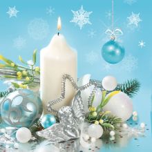 Papirnate serviete, svetlo modre, bela sveča in božične krogle, 33x33cm, 20kos.