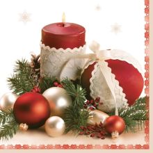 Papirnate serviete, bele, božične krogle, sveča, 33x33cm, 20kos.