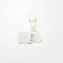Zajec velikonočni, s polovico jajčke, bel, porcelan, 10x5x12cm