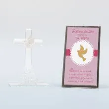 Križ steklen z golobom v darilni škatlici s posvetilom za birmo, "Ob prejemu roza" 10cm