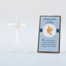 Križ steklen z golobom v darilni škatlici s posvetilom za birmo, "Ob prejemu moder" 10cm