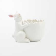 Zajec velikonočni, s polovico jajčke, bel, porcelan, 13x8.5x15.5cm