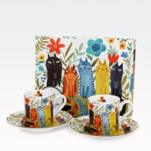 Set 2 skodelic za espreso s podstavkom - mačke, v darilni embalaži, "GARDEN FELINES", new bon, 90ml, 5.7cm