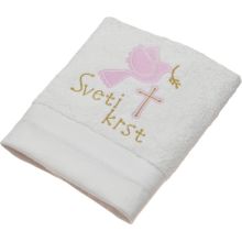 Brisača za krst bela, vezenje roza ptica, zlat napis 100x5Ocm 100% bombaž