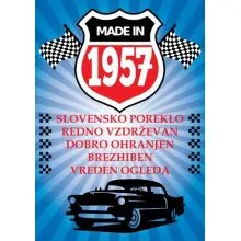 Voščilo, čestitka - modra, avto, made in 1957 - bleščice/zlatotisk