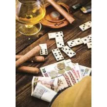 Voščilo, čestitka - rjava, whiskey, cigaro, domine in denar - bleščice/zlatotisk