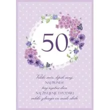 Voščilnica, rojstni dan, ženska, Veliko sreče, lepih sanj, 50, vijolična, cvetje, bleščice