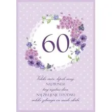 Voščilnica, rojstni dan, ženska, Veliko sreče, lepih sanj, 60, vijolična, cvetje, bleščice