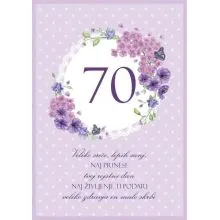Voščilnica, rojstni dan, ženska, Veliko sreče, lepih sanj, 70, vijolična, cvetje, bleščice