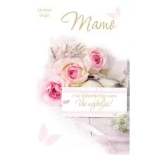 Voščilnica velika, rojstni dan, ženska, Za mojo drago mamo, roza vrtnice, bleščice