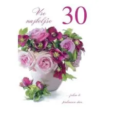 Voščilnica velika, rojstni dan, ženska, Vse najboljše za 30. rojstni dan, šopek rož, bleščice