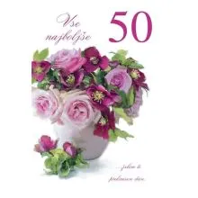 Voščilnica velika, rojstni dan, ženska, se najboljše za 50. rojstni dan, šopek rož, bleščice