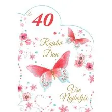 Voščilnica velika, rojstni dan, ženska,  Za 40. rojstni dan vse najboljše, metulji, rdeča, bleščice