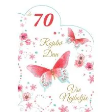 Voščilnica velika, rojstni dan, ženska, Za 70. rojstni dan, metulji, rdeča, bleščice