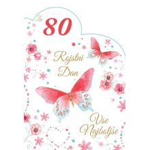 Voščilnica velika, rojstni dan, ženska, Za 80. rojstni dan, metulji, rdeča, bleščice