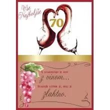 Voščilo, čestitka, belo/roza, kozarca  z rdečim vinom, 70, s starostjo....
