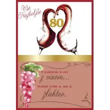 Voščilo, čestitka, belo/roza, kozarca  z rdečim vinom, 80, s starostjo....