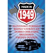 Voščilo, čestitka - modra, avto, made in 1949 - bleščice/zlatotisk