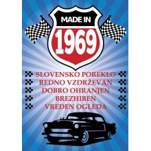 Voščilo, čestitka - modra, avto, made in 1969 - bleščice/zlatotisk