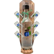 Steklenica za žganje na lesenem stojalu s 6 kozarci, motiv slive, 20x40x15cm