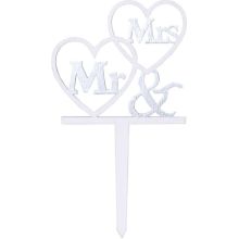 Srček lesen na palčki, z napisom Mr. & Mrs., 16x8cm
