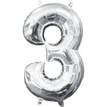 Balon napihljiv, "3", srebrni, 40cm + palčka za napihnit