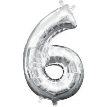 Balon napihljiv, "6", srebrni, 40cm + palčka za napihnit