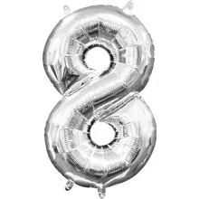 Balon napihljiv, "8", srebrni, 40cm + palčka za napihnit