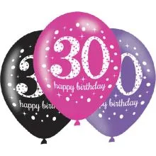 Baloni iz lateksa, "30", 6kom, (2x črn, 2x roza, 2x vijoličen), 30cm