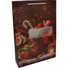 Vrečka darilna, božička in jelen s sanmi, z rdečimi bleščicami, 18x10x23cm cm