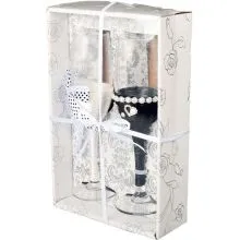 Kozarca za šampanjec v poročnih oblačilih, s srčkoma, črn/srebrn, v darilni škatli, 2/, 5x22.5cm